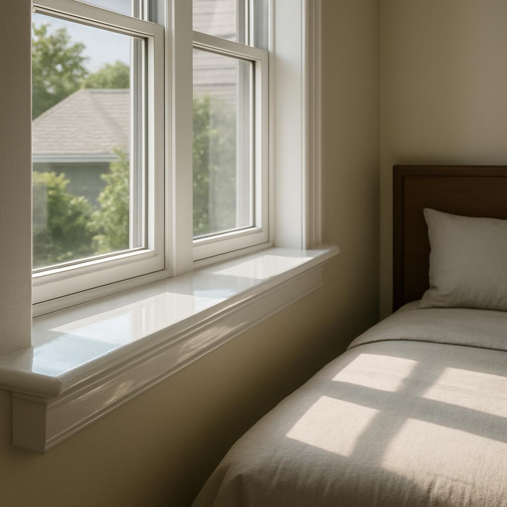 A serene bedroom scene with a small bed, white bedding, a large window, and a view of the roof and trees outside.