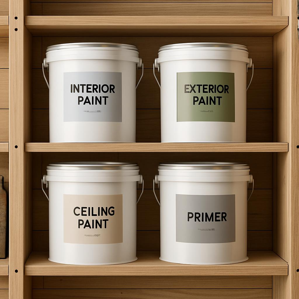 Large paint buckets on a shelf with interior paint, exterior paint, ceiling paint, and primer.