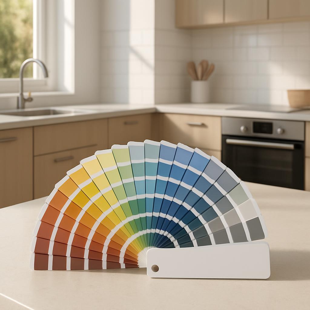 A color palette fan deck with various shades of blue, yellow, and brown colors. The fan appears to sit in a kitchen settin...