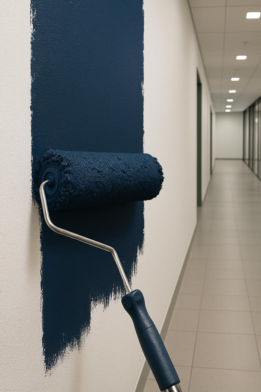 A paint roller and tray are being used against a partially painted wall.