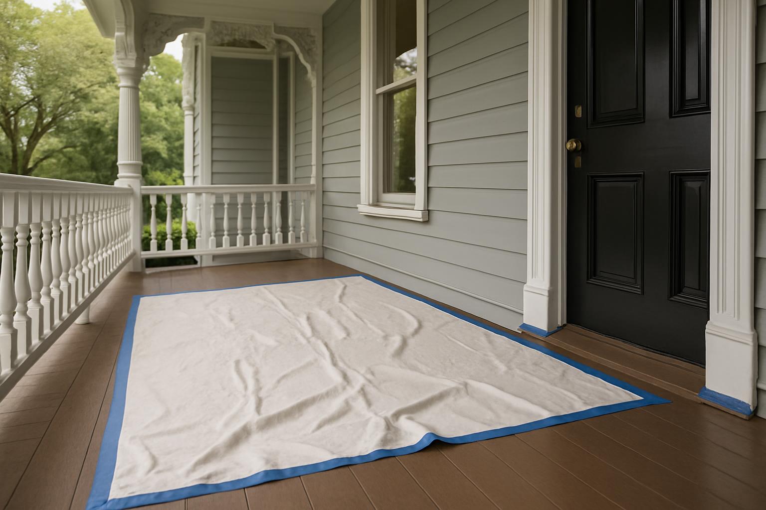 A porch with a blue painter's tape border, a white drop cloth in the center, and a door.