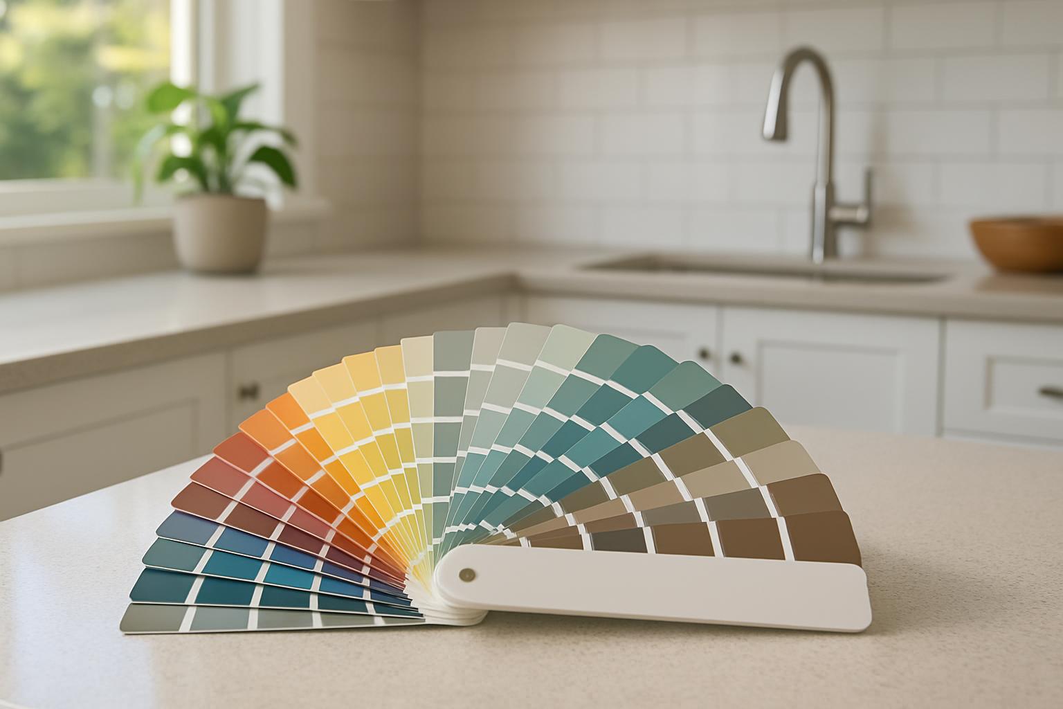 A paint color palette by a kitchen countertop with white cabinets and a sink.