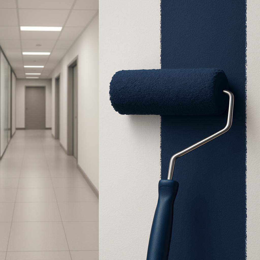 A gray hallway with white ceiling tiles and doors, and the brush is covered in navy blue paint.